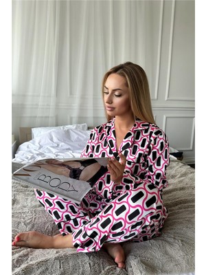 Fuşya Modern Çizgiler Saten Uzun Pijama Takımı