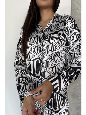 Beyaz Zemin Cocco Yazılı Saten Uzun Pijama Takımı