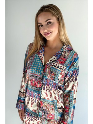 Etnik Motifler Desen Saten Uzun Pijama Takımı