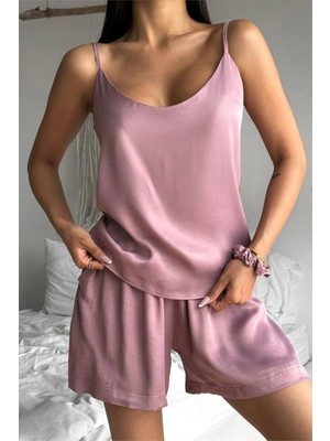 Düz Gül Kurusu Askılı ve Şortlu Floş Saten Pijama Takımı