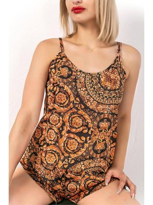 Bronz Barok Motifli Askılı ve Şortlu Saten Pijama Takımı