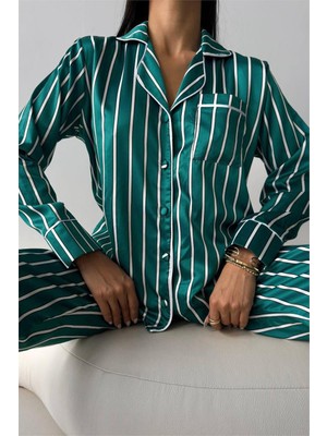 Yeşil Beyaz Çizgiler Saten Uzun Pijama Takımı