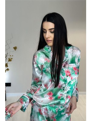 Yeşil Floral Desen Saten Uzun Pijama Takımı
