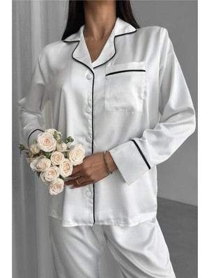 Kadın Düz Beyaz Saten Uzun Pijama Takımı