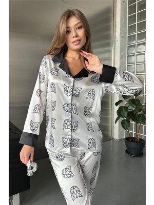 Panter Figür Baskılı Saten Uzun Pijama Takımı
