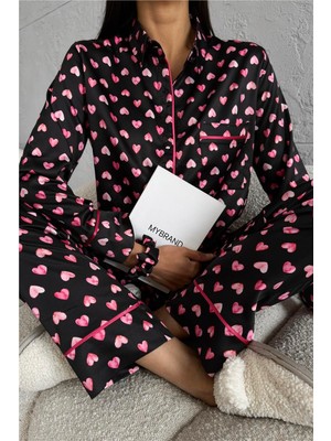 Cuore Nero Gömlek Yaka Saten Uzun Pijama Takımı
