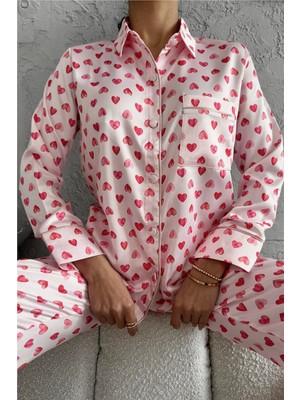 Cuore Rosa Gömlek Yaka Saten Uzun Pijama Takımı