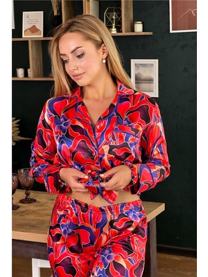 Soyut Çiçekler Desen Saten Uzun Pijama Takımı