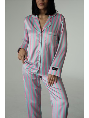 Strisce Rosa Menta Saten Uzun Pijama Takımı