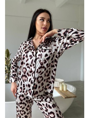 Açık Leopar Desen Saten Uzun Pijama Takımı