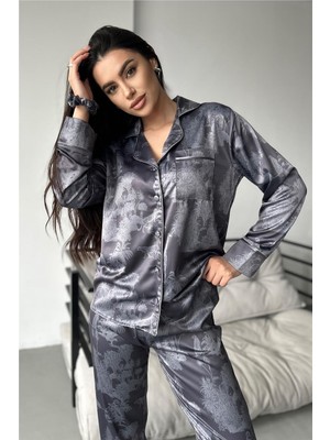 Koyu Gri Safari Desen Saten Uzun Pijama Takımı (Geniş Beden Aralığı)