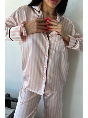 Pudra Beyaz Çizgiler Saten Uzun Pijama Takımı