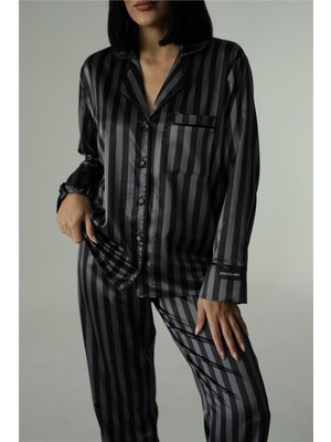 Strisce Grigie Nere Saten Uzun Pijama Takımı
