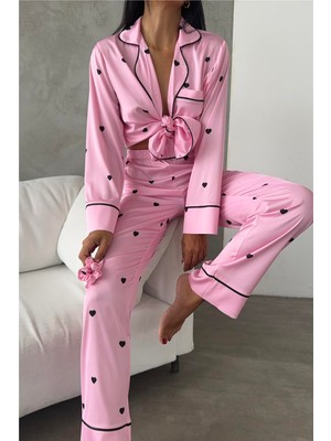 Coccolarsi Cuori Neri Rosa Saten Uzun Pijama Takımı (Geniş Beden Aralığı)