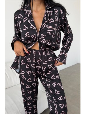 Cuori Trapezoidali Rosa Saten Uzun Pijama Takımı (Geniş Beden Aralığı)