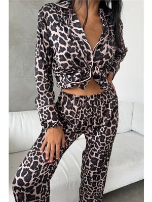 Leopardo Marrone Saten Uzun Pijama Takımı