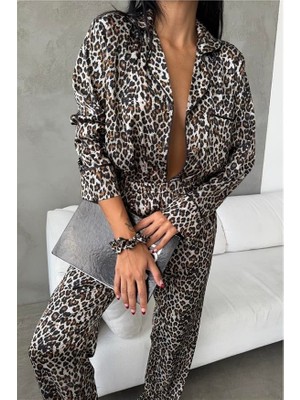 Leopardo Verde Saten Uzun Pijama Takımı