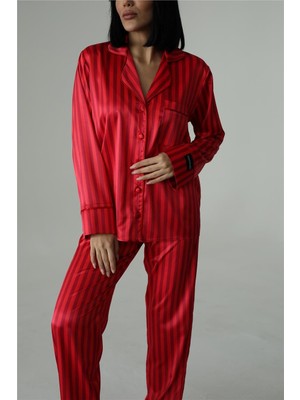 Strisce Rosse Bordeaux Saten Uzun Pijama Takımı (Geniş Beden Aralığı)