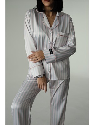 Strisce Rosa Chiaro Grigio Saten Uzun Pijama Takımı