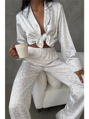 Leopardo Grigio Saten Uzun Pijama Takımı (Geniş Beden Aralığı)