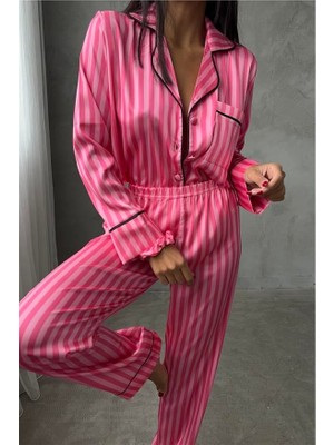 Coccolarsi Strisce Rosa Scuro Saten Uzun Pijama Takımı (Geniş Beden Aralığı)