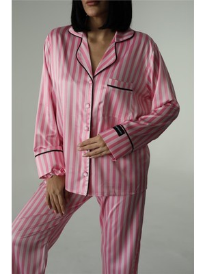 Coccolarsi Strisce Rosa Scuro Chiaro Saten Uzun Pijama Takımı (Geniş Beden Aralığı)