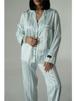Strisce Bianco Azzurro Saten Uzun Pijama Takımı