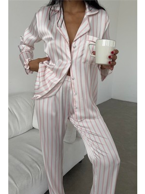 Coccolarsi Strisce Rosa Chiaro Saten Uzun Pijama Takımı (Geniş Beden Aralığı)