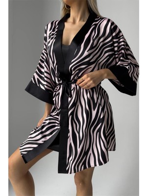 Zebra Rosa Saten Askılı Gecelik ve Sabahlık Ikili Takımı