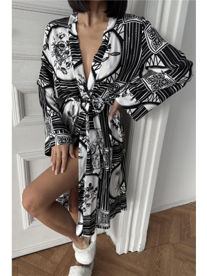 Coccolarsi Disegno Floreale Monocromatic Beyaz Viskon Kimono / Sabahlık