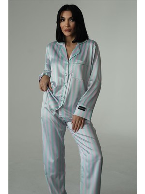 Strisce Lilla Menta Saten Uzun Pijama Takımı