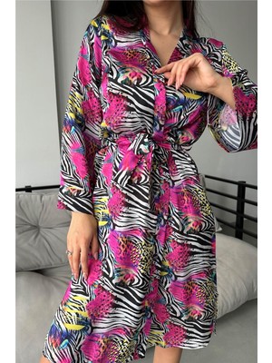 Coccolarsi Zebra Desen Baskılı Belden Bağlama Saten Kimono / Sabahlık