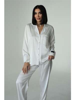 Nobiltà Della Notte Beyaz Saten Uzun Pijama Takımı