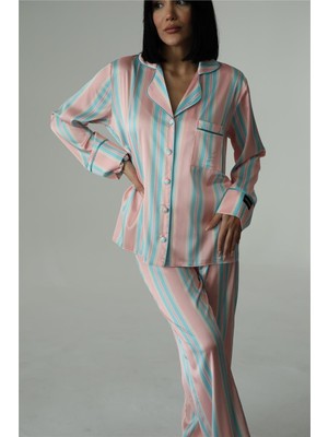 Senza Onde Pesca Blu Saten Uzun Pijama Takımı