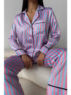 Mavi Pembe Çizgiler Saten Uzun Pijama Takımı