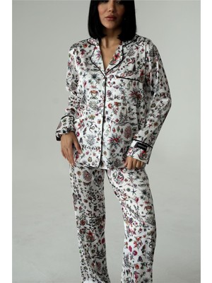 Piante Bianche Esotiche Saten Uzun Pijama Takımı