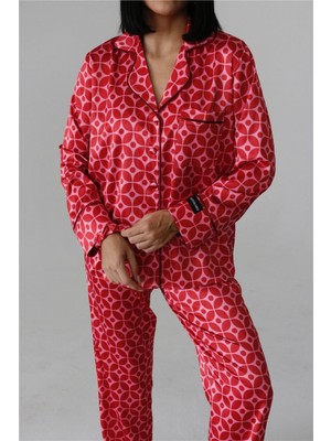 Romboidale Bordeaux Saten Uzun Pijama Takımı