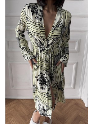 Coccolarsi Disegno Floreale Monocromatic Sarı Viskon Kimono / Sabahlık