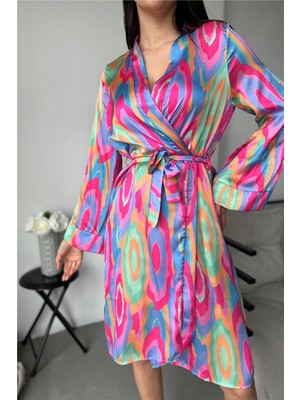 Coccolarsi Renkli Dalgalar Desen Baskılı Belden Bağlama Saten Kimono / Sabahlık