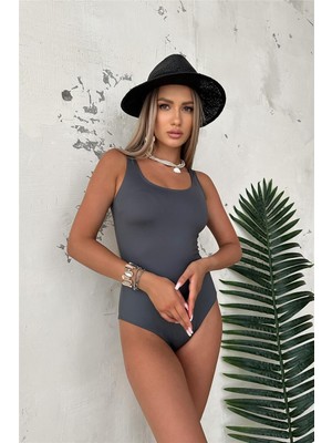 Kadın Düz Antrasit Renk Iç Astarlı Ince Kaplı Yüzücü Mayo
