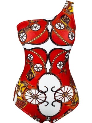 Kadın Turuncu Vintage Desen Baskılı Komple Astarlı Çıkarılabilir Kaplı Tek Omuz Mayo