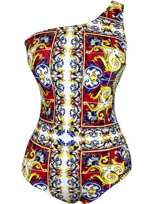 Kadın Etnik Desen Baskılı Komple Astarlı Çıkarılabilir Kaplı Tek Omuz Mayo