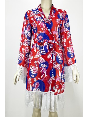 Kırmızı Saks Çiçek Baskılı Saçaklı Lüks Pareo