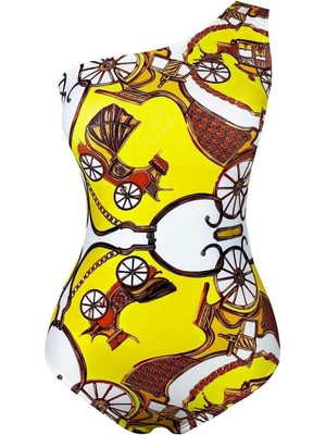 Kadın Sarı Vintage Desen Baskılı Komple Astarlı Çıkarılabilir Kaplı Tek Omuz Mayo