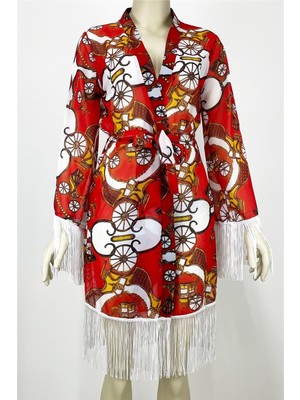 Turuncu Vintage Desen Baskılı Saçaklı Lüks Pareo