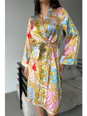 Coccolarsi Sarı Zincirler Desen Baskılı Belden Bağlama Saten Kimono / Sabahlık