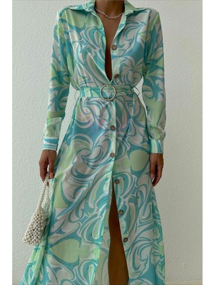 Yeşil Soft Mavi Ebru Desen Kemerli Jessica Kumaş Elbise