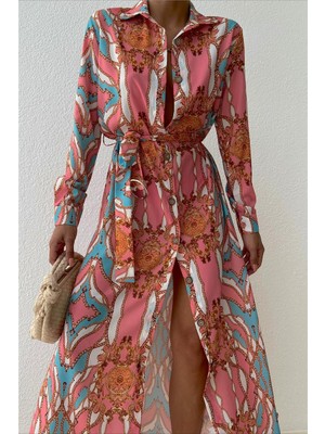 Pembe ve Mavi Zincir Desen Kemerli Jessica Kumaş Elbise