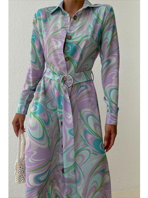 Lila Soft Mavi Ebru Desen Kemerli Jessica Kumaş Elbise