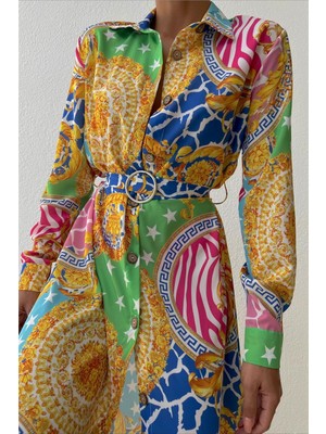 Sarı Motifli Etnik Desen Kemerli Jessica Kumaş Elbise